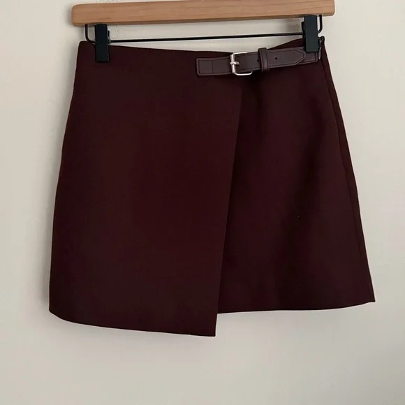 Commense Retro Belted Zipper Skirt chocolate brown faux wrap asymmetric XS nwt - Picture 3 of 8